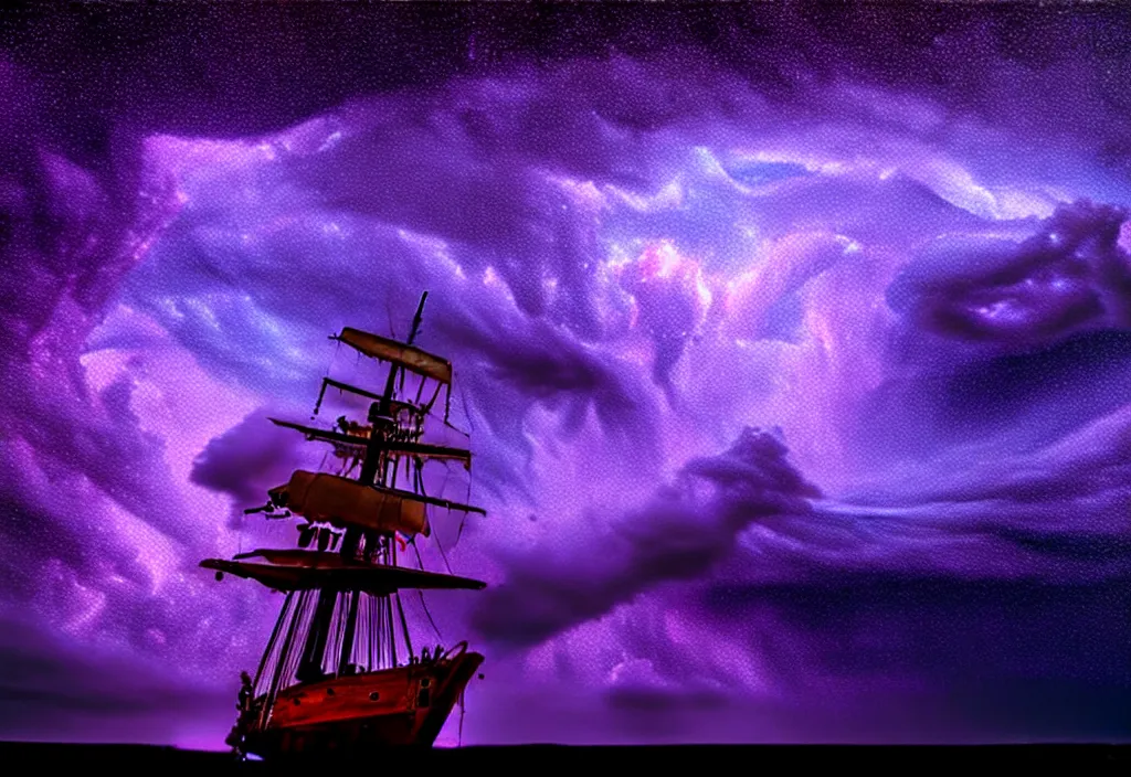 Prompt: purple color lighting storm with stormy sea close up of a pirate ship firing its cannons trippy nebula sky with dramatic clouds painting by banksy Photorealism