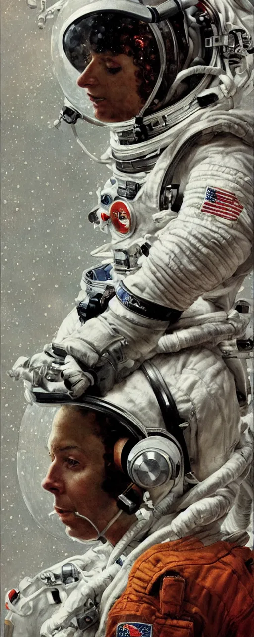 Image similar to a detailed portrait of an astronaut wearing headphone art by norman rockwell, cinematic, epic composition, hd, digital painting, digital art, concept art, illustration, comic art, stylized, masterpiece, award - winning