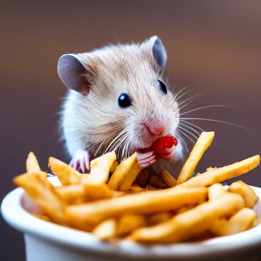 Image similar to detailed photo of a hamster eating fries, mcdonald's, various poses, full body, unedited, daylight, dof 8 k