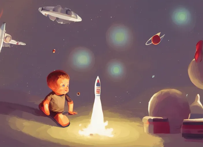 Prompt: elon musk as a toddler playing with his space rockets on a fluffy rug, concept art, digital painting, soft cinematic lighting, artstation