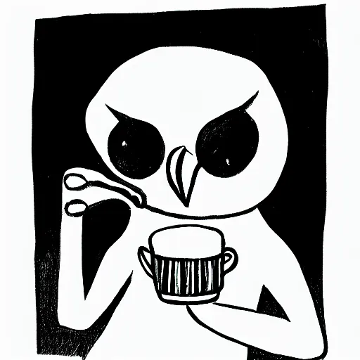 Image similar to black and white comic of a humanoid owl drinking a coffee mug
