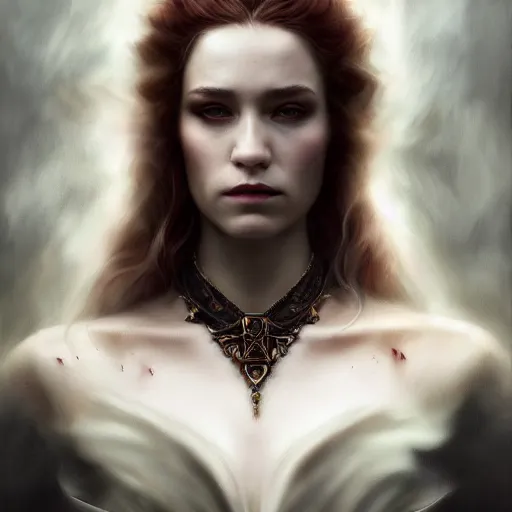 Image similar to Majestic and regal portrait of a riveting female vampire, intricate, epic, elegant, menacing, fantasy, photo realistc, digital painting, hard focus, beautiful volumetric lighting, epic light, ultra detailed, by Leesha Hannigan, Ross Tran, Thierry Doizon, Kai Carpenter, Ignacio Fernández Ríos