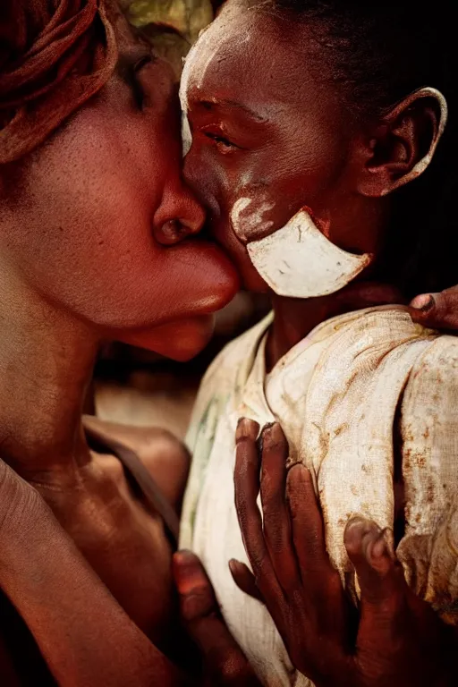 Image similar to a spectacular wideangle detailed closeup colorchrome portrait photo, of a white robot kissing a african woman, beautiful low light , style Steve McCurry