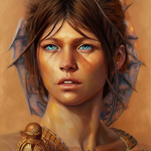 Prompt: highly detailed painting of a warrior goddess with tan skin, blue eyes, and brown hair high fantasy art by jon foster trending on arstation