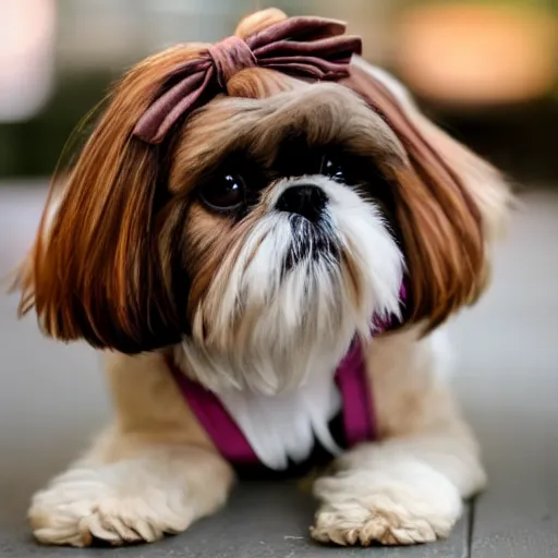 Prompt: shih tzu, brown and white, wearing a pink bow, life photography