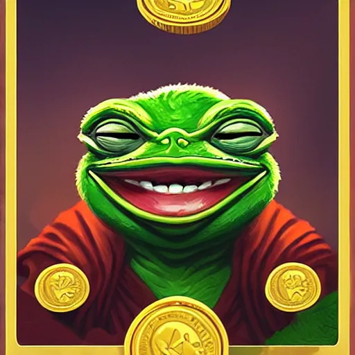 Image similar to super rich happy pepe, coins, gold, crystals, greg rutkowski