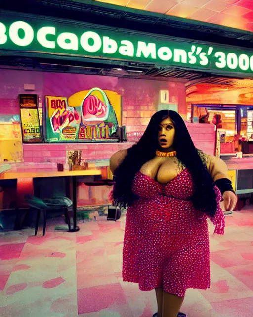 Prompt: film still of obese 3 0 0 - pound nicki minaj at mcdonald's, vibrant high contrast, octane, arney freytag, cinematic, portrait, backlit, rim lighting, 8 k