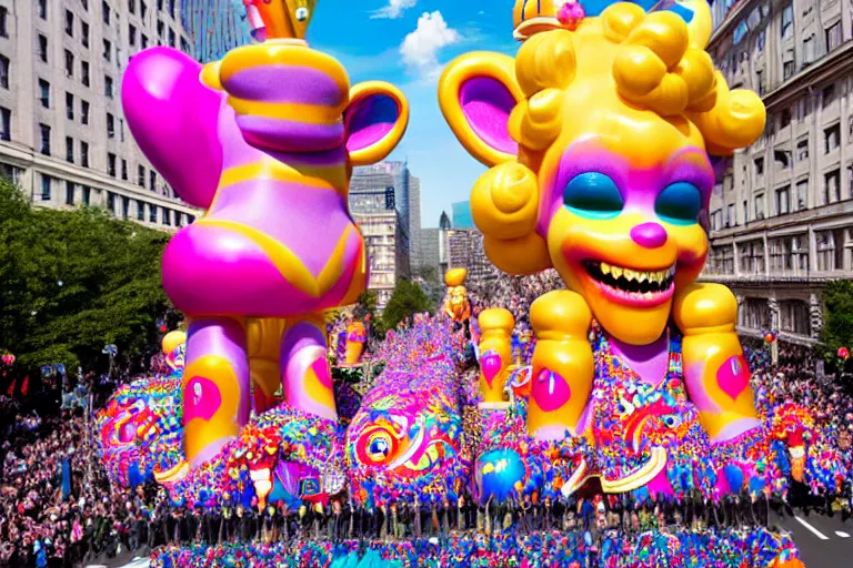 Image similar to photo of giant beautiful elaborate parade float character designed by ( ( ( ( ( ( ( ( lisa frank ) ) ) ) ) ) ) ) and wes anderson!!!!!!!!!!!!!!, in the macys parade, detailed 4 k photo,