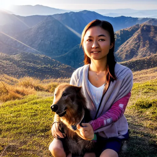 Prompt: asian girl with a dog, standing on mountain hills, sunlight reflection in her face