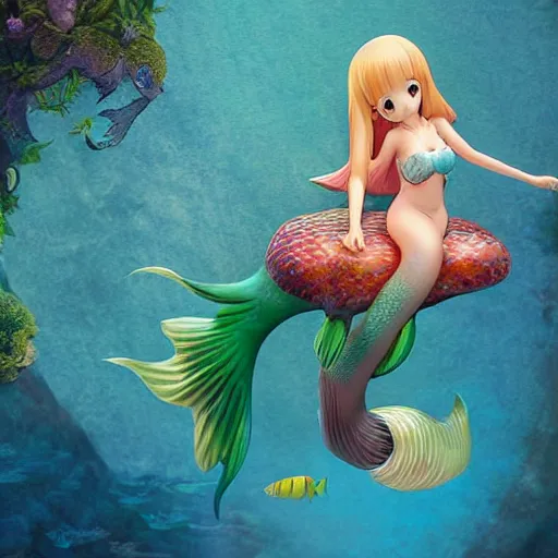 Prompt: Manga cover illustration of an extremely cute and adorable beautiful happy mermaid girl riding on top of a large one-eyed fish, 3d render diorama by Hayao Miyazaki, official Studio Ghibli still, color graflex macro photograph, DAZ Studio 3D