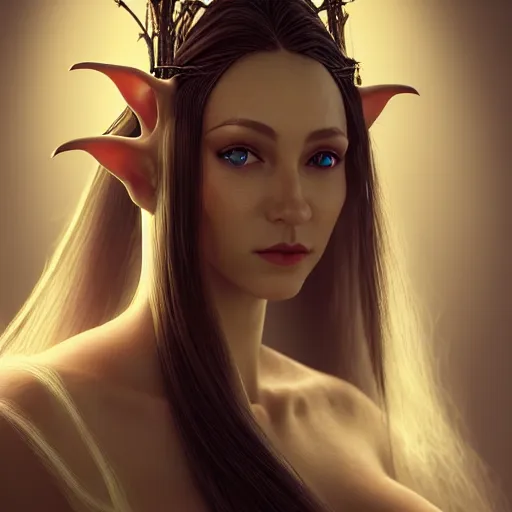 Image similar to portrait of a female elven wizard in flowing sensual dress, long flowing hair, delicate, looking at camera, slightly smiling, real face, stylish, elegant, extremely detailed painting inspired by Gerald Brom, octane render, epic lighting