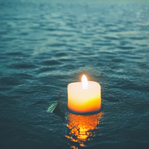 Prompt: Candle floating on the river at twilight