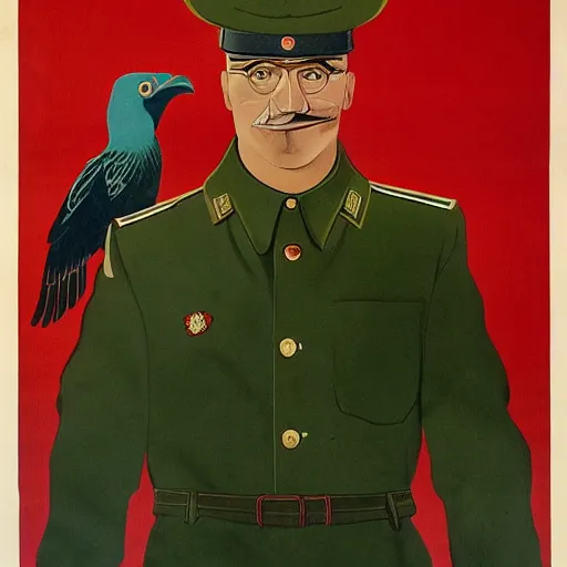 Image similar to soviet propaganda poster depicting a dromaius novaehollandiae in military uniform