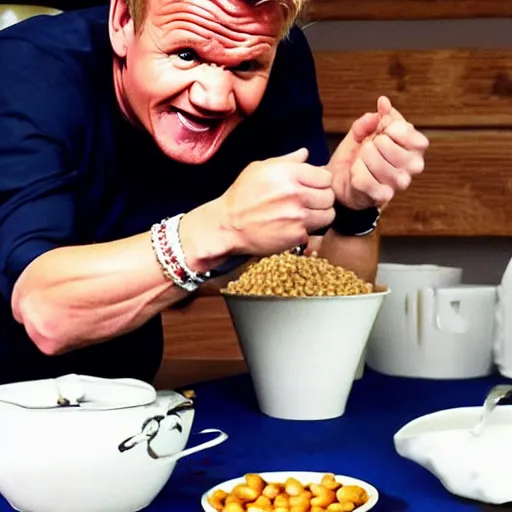 Prompt: Gordon Ramsay eating beans, while children point and laugh at him, bullying, cruel kids