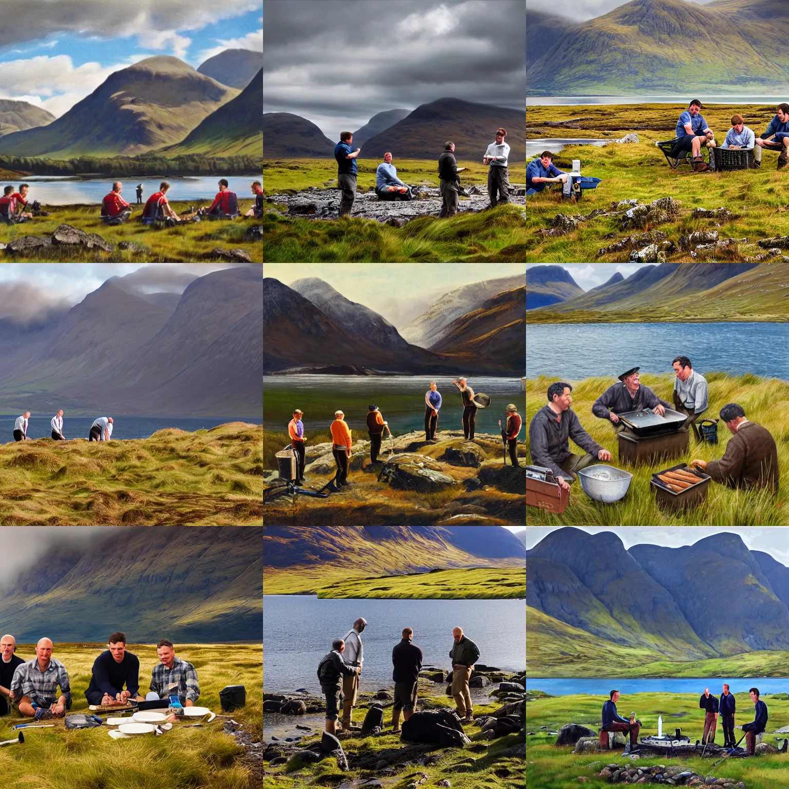 Prompt: 5 men grilling in the glencoe highlands by loch etive, detailed, sharp, realistic