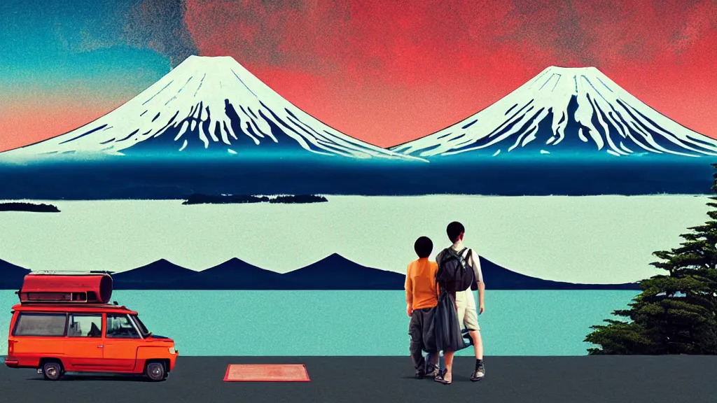 Image similar to a scene of two travellers and their camper touring overlook at the edge of yamanaka lake, reflecting mount fuji and a dramatic sky, japan, a collage painting, in the style of wes anderson, lola dupre, david hockney, isolated on negative white space background dark monochrome neon spraypaint accents volumetric octane render