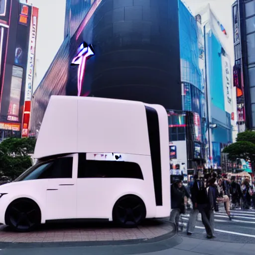 Image similar to tesla cybertruck parked in Shibuya crossing, synthwave