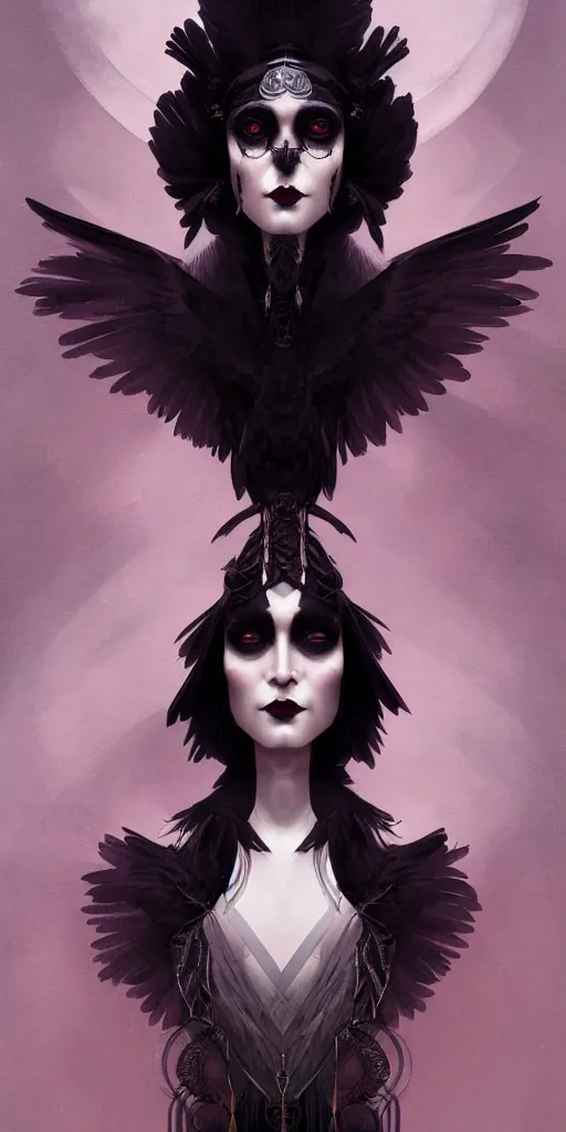 Image similar to breathtaking detailed concept art painting art deco portrait of a goth goddess amalgamation raven, by hsiao - ron cheng, bizarre compositions, exquisite detail, extremely moody lighting, 8 k