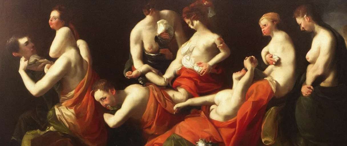 Prompt: three cups only do i propose for sensible men. one for health, the second for love and pleasure, the third for sleep ; when these have been drunk up, wise guests make for home, in the style of a beautiful neoclassical carravagisti painting, oil on canvas, thick palette knife