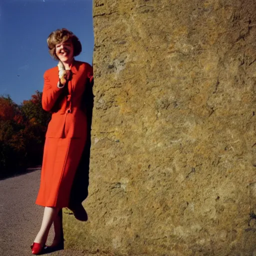 Image similar to a vintage 1 9 8 0 s kodachrome slide of a cheerful lady in a feminine suit posing on a stone wall in autumn sunshine.