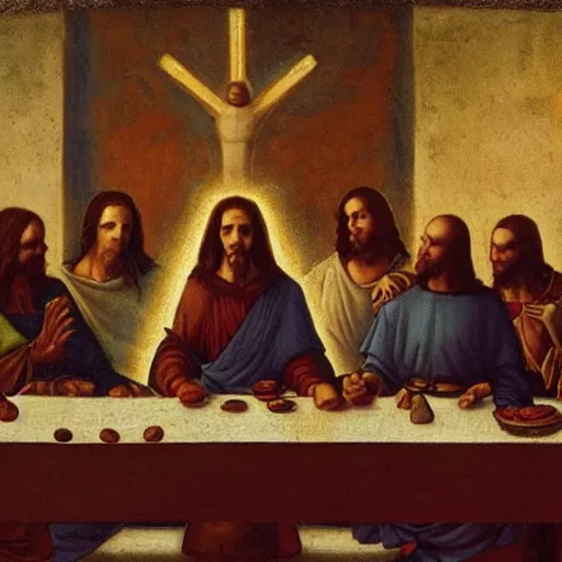 Image similar to mandalorian as jesus at the last supper, by leonardo davinci, concept art, oil painting, art station