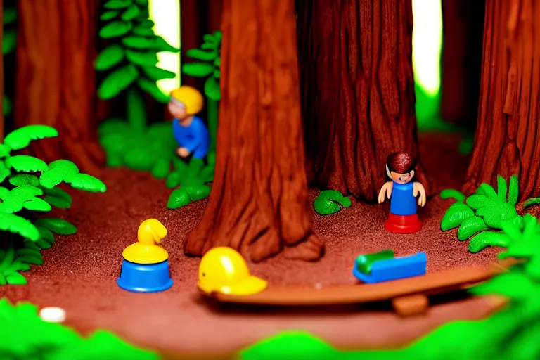 Image similar to fisher price redwood forest, california scene from tv show hyper detailed 5 5 mm 8 5 mm, toy photography, made out of plastic