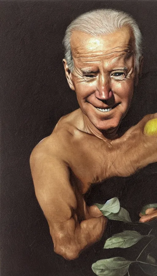 Prompt: hyperrealistic still life painting of Joe Biden by Caravaggio, botanical print