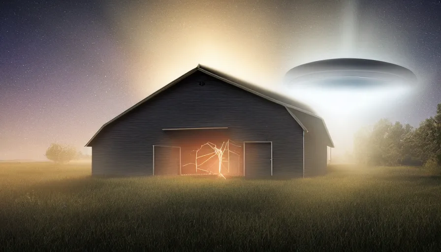 Image similar to a ufo emitting a beam of light floats over a barn with a broken roof, debris is ascending toward the ufo, volumetric lighting, night, photorealistic rendering, color palette, 8 k, hyperdetailed