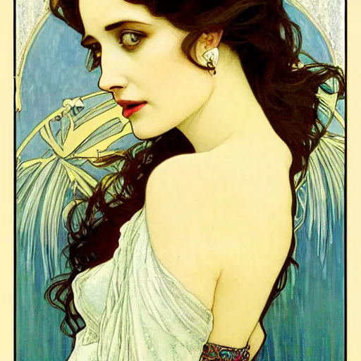 Image similar to eva green portrait by louis - theophile hingre and alphonse mucha, realistic, sharp focus, zodiac signs, tarot cards, planets, ethereal, art nouveau, magic, moon, sun, crown, dreamy, royal, jewellery