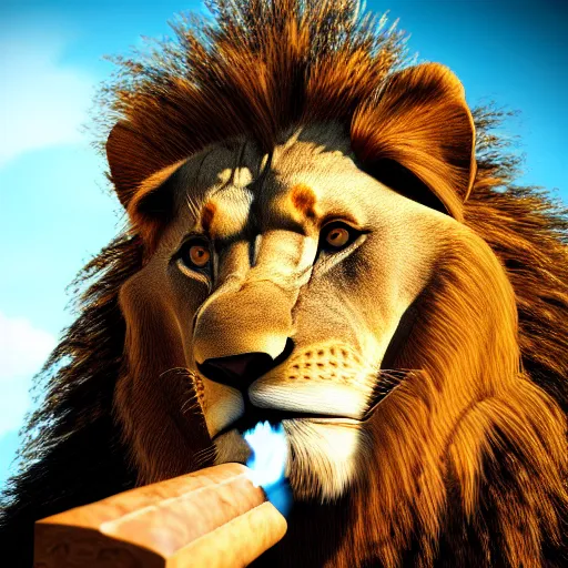 Image similar to a lion smoking a cigar, dramatic lighting, cinematic, establishing shot, extremely high detail, foto realistic, cinematic lighting, post processed, concept art, high details, cinematic, 8k resolution, beautiful detailed, photorealistic, digital painting, artstation, concept art, smooth, sharp focus, artstation trending, octane render, unreal engine