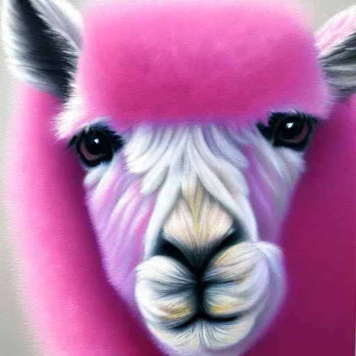 Prompt: fluffy pink alpaca, hyperrealism oil painting