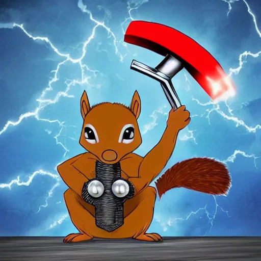 Image similar to a squirrel with thor outfit ~ holding the mjolnir ~ dramatic thunder background ~ trending ~