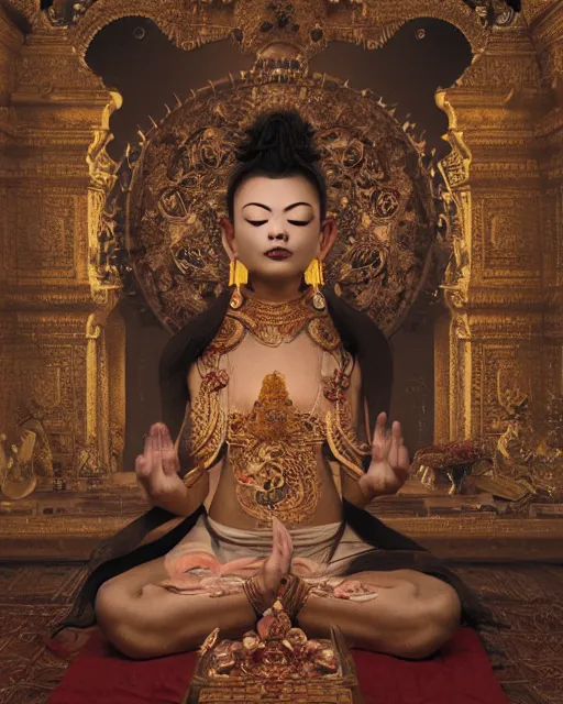 Prompt: portrait of a smiling bodhisattva, praying meditating, elegant, intricate, cinematic, ornate, by greg rutkowski