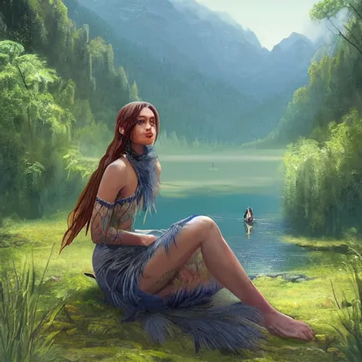 Prompt: Harpy, wearing Inka clothes, sitting at a pond, mountainous area, trees in the background, oil painting, by Fernanda Suarez and Greg Rutkowski