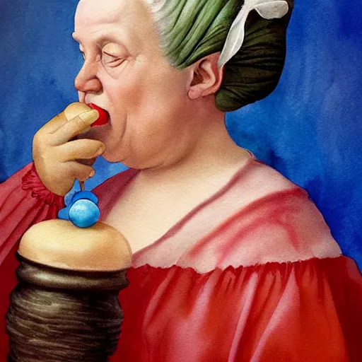 Prompt: a very funny stylize oil painting in renaissance style of a sweet fat old woman kissing a colorful jelly fish. symmetry face, red mouth, blue eyes. flowery dress. hyper realistic scene. 3 d, octane render, deep focus, white scene. very funny and sweet image. unreal engine. watercolor. fellini style. poster quality. da vinci painting style.