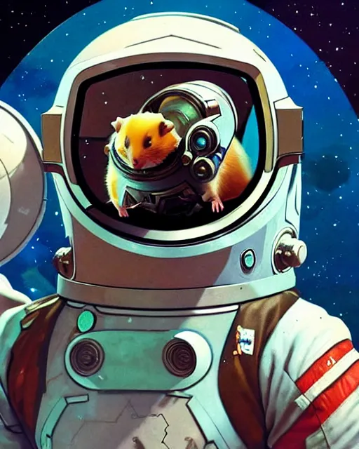 Image similar to wrecking ball the hamster from overwatch, dressed as an astronaut, character portrait, portrait, close up, concept art, intricate details, highly detailed, vintage sci - fi poster, retro future, in the style of chris foss, rodger dean, moebius, michael whelan, and gustave dore