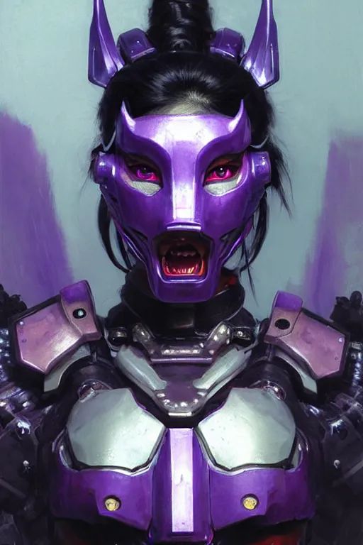 Image similar to extreme close up, facial portrait, half - chinese woman with a long black ponytail in purple sci - fi armor, wearing a kitsune mask, mechanical armor, cybernetic hands, striking pose, portrait dnd, painting by gaston bussiere, craig mullins, greg rutkowski, yoji shinkawa