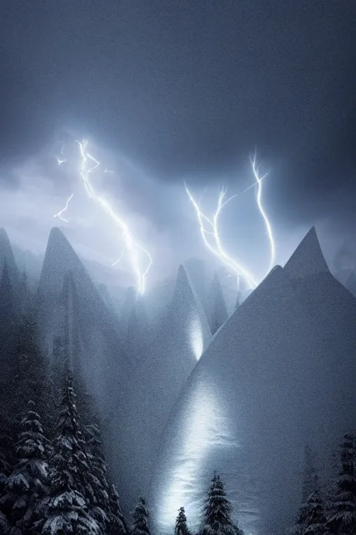 Image similar to a futuristic scene in front of a zaha hadid building in the forrest of the french alps in the style of chris moore, stormy weather with lightning, cinematic matte painting, extreme detail 8 k photo quality, dark moody colors, snowfall, featured on behance
