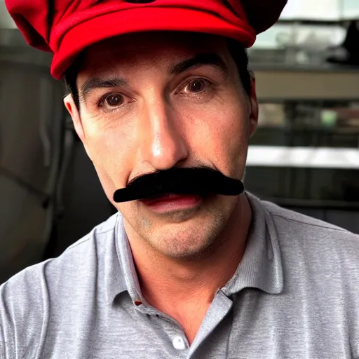 Image similar to photo of a dark haired man with long face, dark brown eyes and eyelashes, moustache, long nose, stubble wearing red newsboy cap like mario