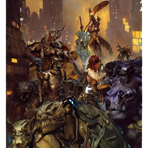 Image similar to rocksteady. shadowrun furaffiniy cyberpunk fantasy highly detailed painting by gaston bussiere craig mullins jc leyendecker gustav klimt artgerm greg rutkowski john berkey, bergey, craig mullins, ruan jia, raymond swanland, jeremy mann, tom lovell, alex malveda