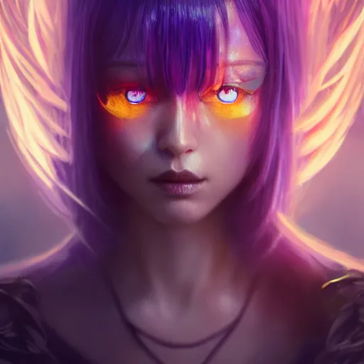 Image similar to rimuru tempest from tensura holding purple fire in her palm, with amber eyes of golden colored eyes, straight hair, sky blue hair, long bangs, award winning photography, cinematic, digital painting, cinematic, wlop, 8 k, by ross tran, tom bagshaw