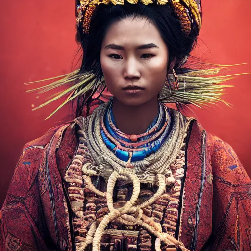 Prompt: portrait of a stunningly beautiful asian steppes tribal female, depth of field, zeiss lens, detailed, symmetrical, centered, fashion photoshoot, by Annie Leibovitz and Steve McCurry, David Lazar, Jimmy Nelsson, Breathtaking, 8k resolution, extremely detailed, beautiful, establishing shot, artistic, hyperrealistic, beautiful face, octane render