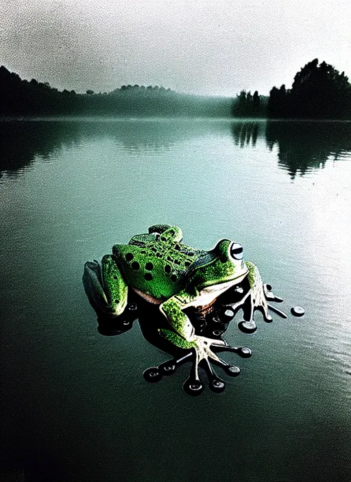 Image similar to “semitranslucent smiling frog vertically hovering over misty lake waters in jesus christ pose, low angle, long cinematic shot by Andrei Tarkovsky, paranormal, eerie, mystical”