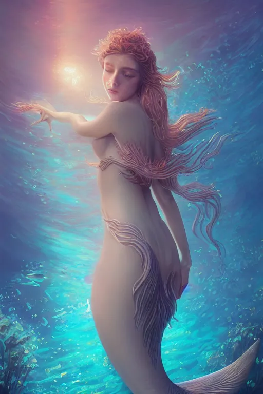 Prompt: beautiful elegant mermaid swimming through bioluminescent algae coral reefs by charlie bowater, ultra detailed, 8 k, intricate