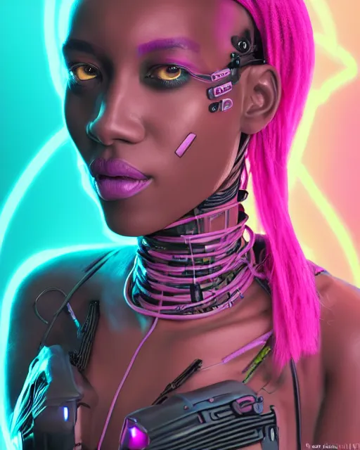 Prompt: portrait of a beautiful black woman with pink hair as a cyberpunk cyborg half robot, revealing wires and electronics, hooked - up, sci - fi, missing panels, intricate abstract upper body intricate artwork, concept art, octane render, deviantart, cinematic, key art, hyperrealism, iridescent accents, portrait photograph, nikon 3 5 mm, photograph by greg rutkowski