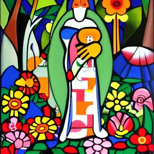 Prompt: In the painting Vasilisa can be seen standing in the forest, surrounded by animals. She is holding a basket of flowers in one hand and a spindle in the other. Her face is turned towards the viewer, with a gentle expression. In the background, the forest is depicted as a dark and mysterious place. constructivist by Romero Britto amorphous, lines