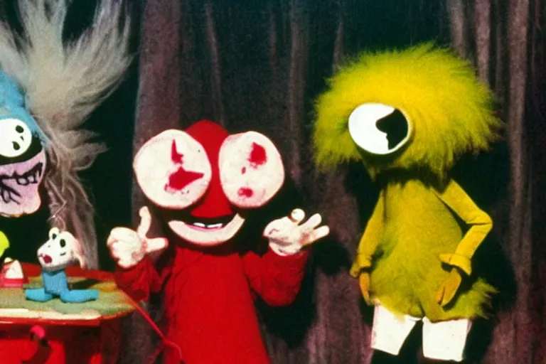 Image similar to a color still from a weird 1972 kids tv show where a sad cheese puppet and a furry ghost have a tickle party with death tent, grunge, horror, distressed, wet