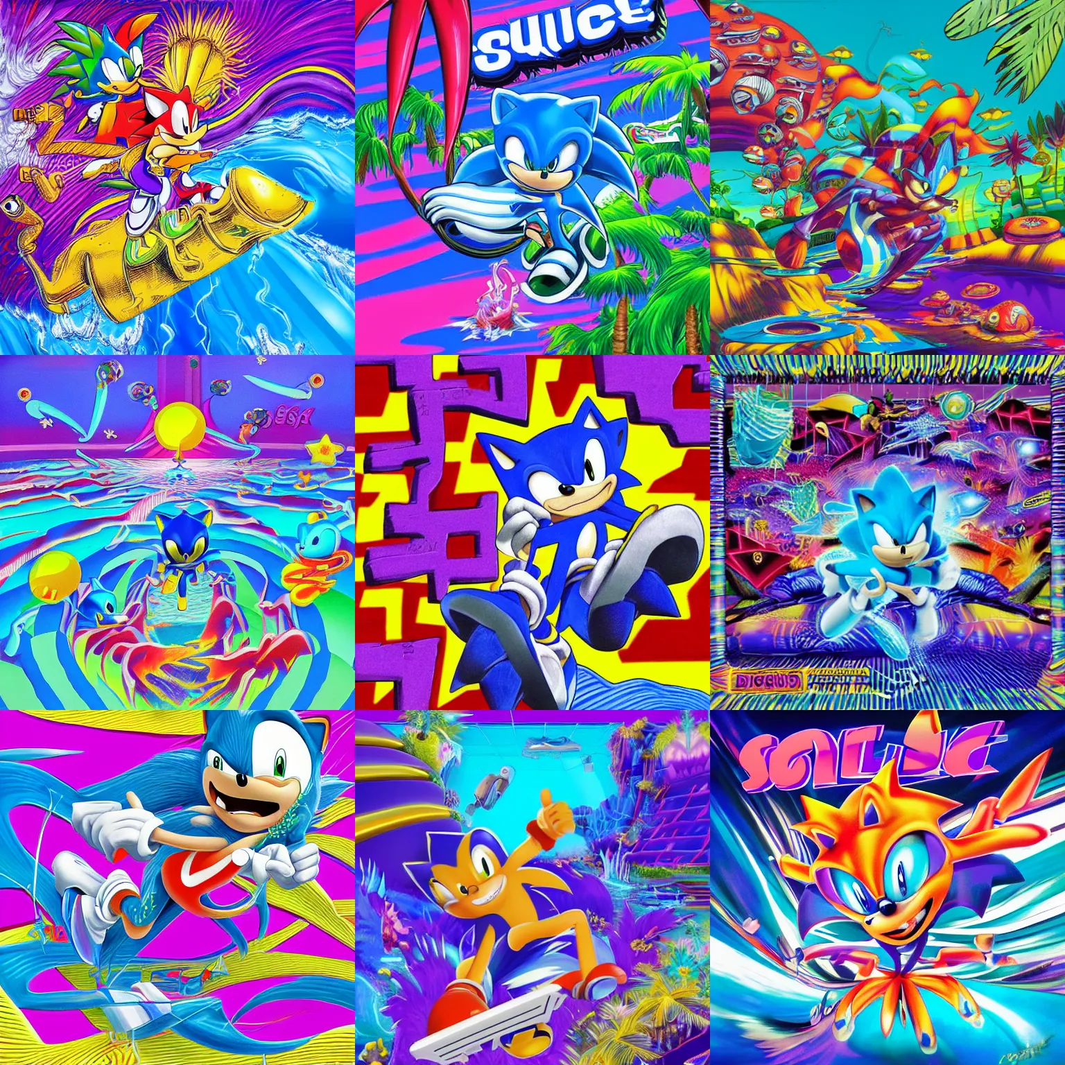 Prompt: surreal, sonic, sharp, detailed professional, high quality airbrush art MGMT album cover of a liquid dissolving LSD DMT blue sonic the hedgehog surfing through cyberspace, tropical ocean, purple checkerboard background, 1980s 1985 Sega arcade video game album cover