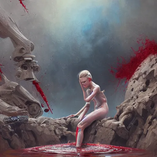 Prompt: A beautiful detailed painting of Dolores Abernathy bathing in blood, robot revolution, apocalypse, highly detailed, digital painting, artstation, cgscoiety, cinematic, intricate, smooth, sharp focus, illustration, Unreal Engine 5, concept art, 8K, art by Westworld and Esao Andrews.