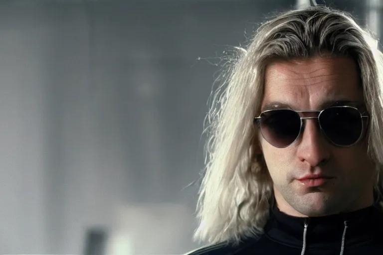 Prompt: white man with long dirty blonde hair and stubble, greyish blue eyes, sunglasses, black and yellow tracksuit, the sopranos, film still, dramatic lighting,